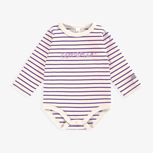 Cream long sleeve onesie with purple stripes