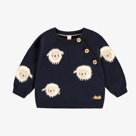 Navy blue knit sweater with sheep