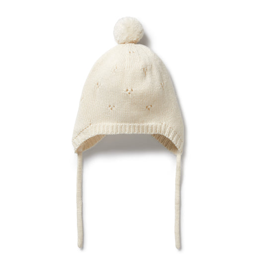 Ecru knit pointelle bonnet