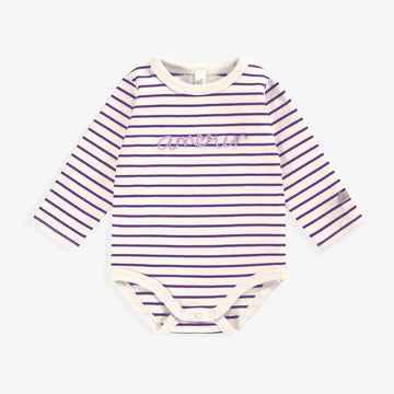 Cream long sleeve onesie with purple stripes