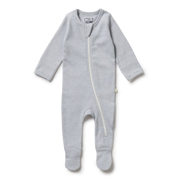 Organic Stripe Rib Zipsuit - Rain drop