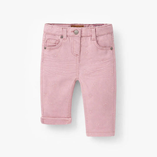 Pink jeans with floral embroidery
