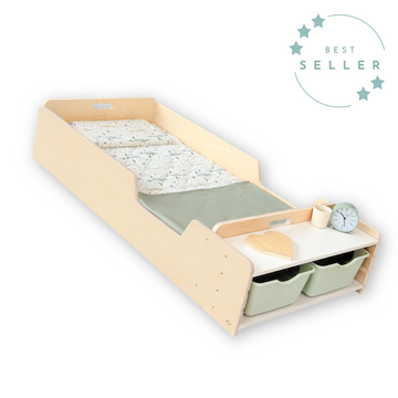 APPLE - Montessori Floor Bed with Rails & Shelves