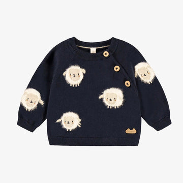 Navy blue knit sweater with sheep
