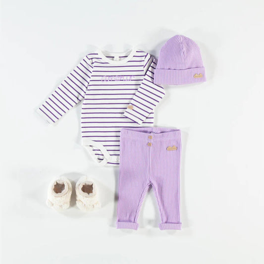 Cream long sleeve onesie with purple stripes