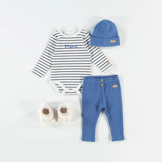 Cream long sleeve onesie with navy stripes