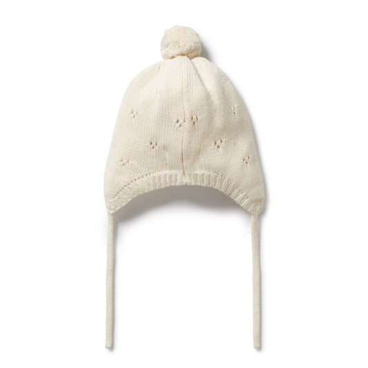 Ecru knit pointelle bonnet