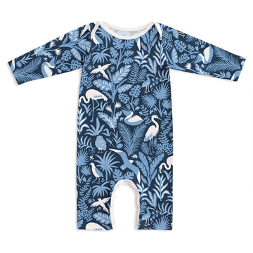 long sleeve romper - tropical birds navy