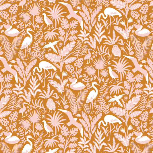 long sleeve romper - tropical birds gold