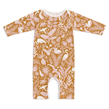 long sleeve romper - tropical birds gold